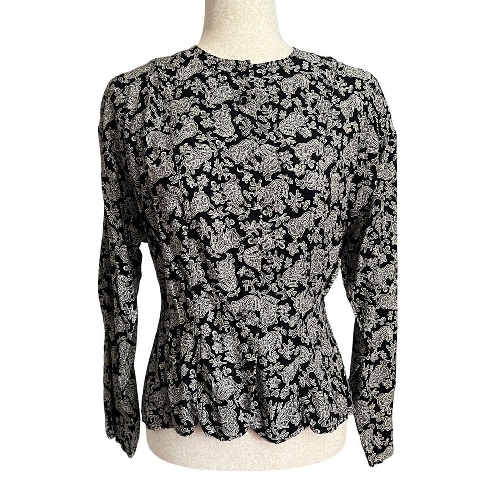 Laura Ashley Vintage 80s Black Floral Paisley Top Blouse Long Sleeve Cottagecore